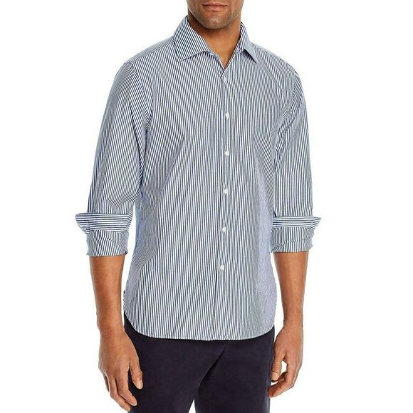 NWT Bloomingdale's Men Navy Blue White Striped Shirt Stretch 2XL XXL XX-Large - Picture 1 of 14